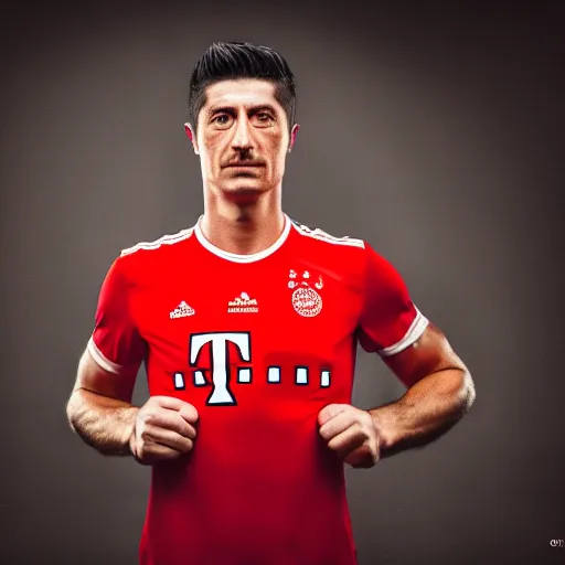 Prompt: Portrait of a Robert Lewandowski , EOS R5, f/2.8, HDR, natural light, medium close shot, dynamic pose, award winning photograph, Michelangelo style