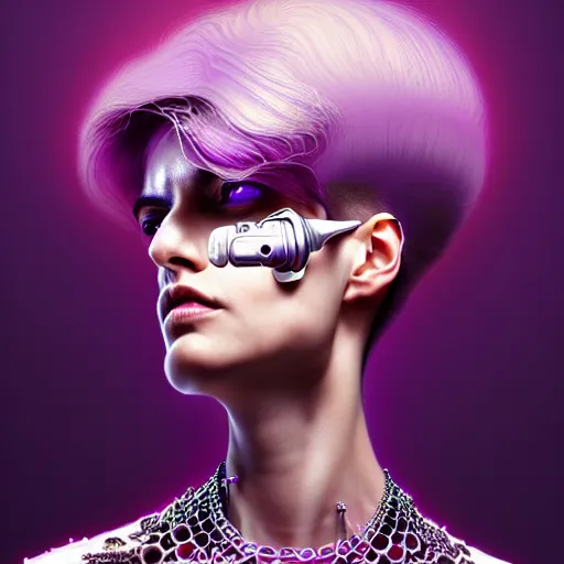 Image similar to woman with extremely large and intricate haircut with angry purple eyes and slim features looking askance, eye cyberpunk bionics, retro futurist style, intricate, elegant gleaming intricate baroque jewelry, angelic halo, highly detailed, digital painting, artstation, concept art, smooth, sharp focus, illustration, art by wlop, mars ravelo and greg rutkowski,