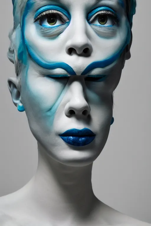 Image similar to 3 d full head and shoulders beautiful porcelain colourful woman with a sad expression and crying eyes by theodor seuss geisel and daniel arsham