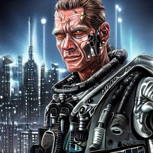 Prompt: highly detailed portrait of a terminator with borg enhancements, 8k. There is a dystopian city in the background