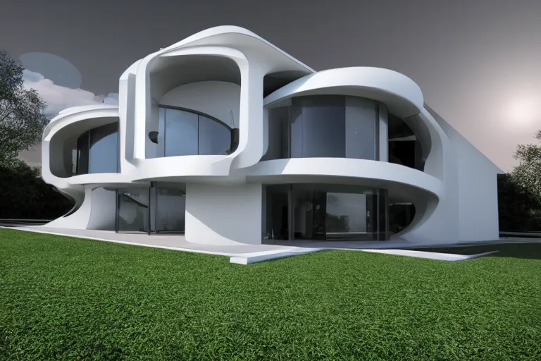 Image similar to photo of a futuristic house designed in the style of seppo mantyla, 4 k, realistic render