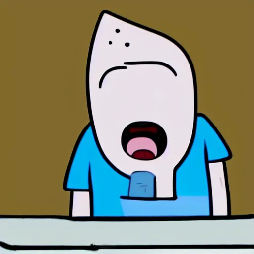 Image similar to a very animated tired person with bloodshot eyes and tongue out staring at the computer with growing desperation, adventure time animation style