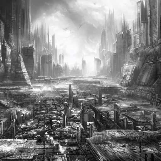 Image similar to landscape of apocalypse city, grayscale, by stanley artgerm lau