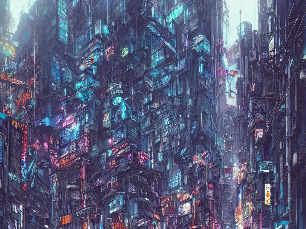 Prompt: a hyperrealistic and beautiful matte painting of a cyberpunk gang on the alleyway of a lofty city, gritty, cyberpunk ads, piping, cables, art deco architecture, graffiti, fine detail, intricate, polished, blue color scheme, cinematic lighting, digital art, illustration, by john smith and noriyoshi ohrai and tsutomu nihei