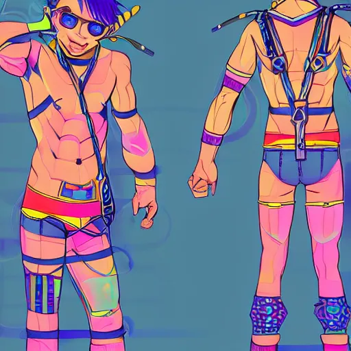 Prompt: kawaii raver guy looking at the camera :: full body character concept art, trending on artstation, symmetrical, symmetrical eyes, detailed, professional, 2 point studio lighting