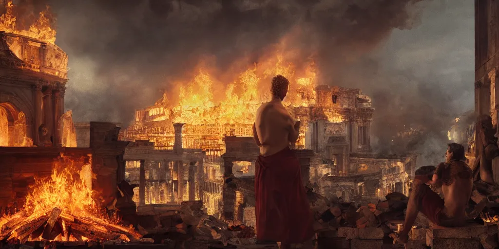 Image similar to Painting of Emperor Nero watching the great fire of rome, abstract, realism, 8k, detailed, terror, octane render, 3d render, complex emotion, glow