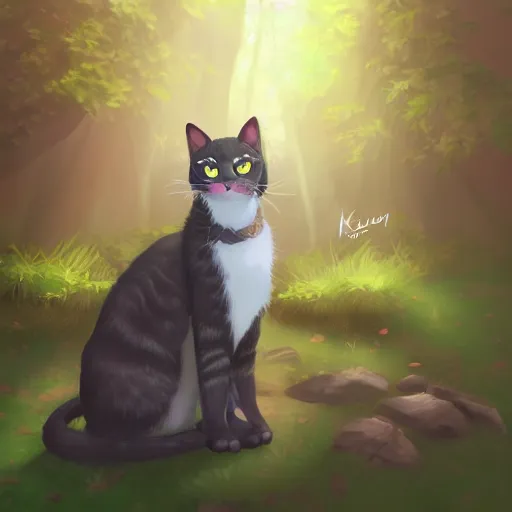 Image similar to a portrait of a cat in the forest, trending on artstation, trending on furaffinity, digital art, by kawacy, anime, furry art, warm light, backlighting, cartoon, concept art