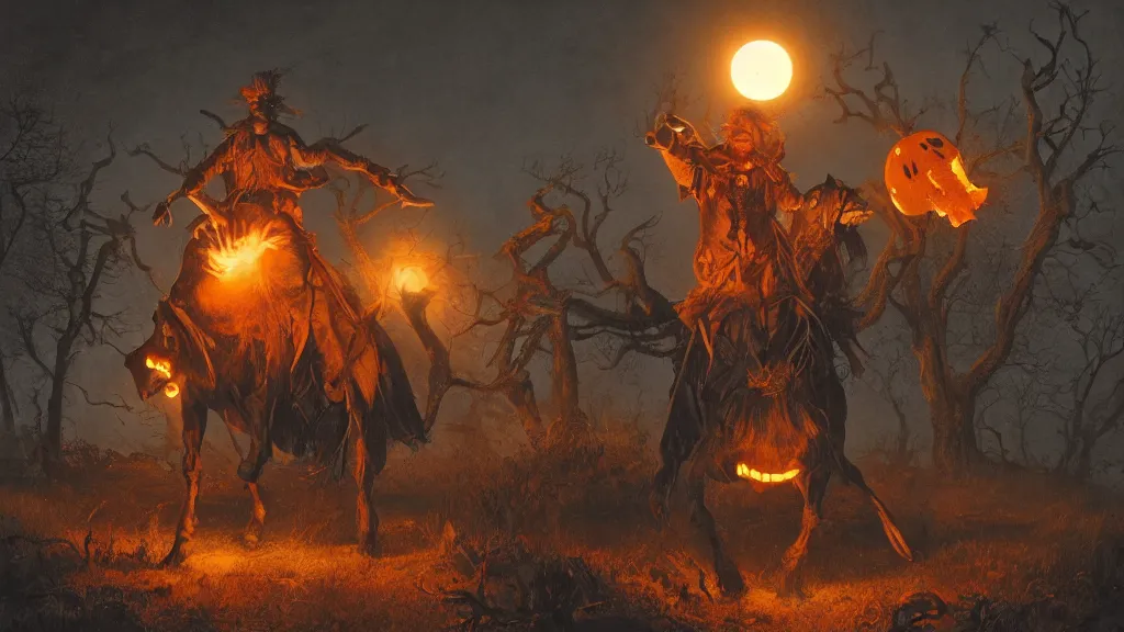 Prompt: a headless!!! colonial rider!!!! holding a jack - o - lantern on lone rampant!!! ( ( black horse ) ) with fiery eyes, background gnarled trees and large supermoon, in the styles of greg rutkowski, keith parkinson, and john quidor, intricate, detailed, volumetric lighting