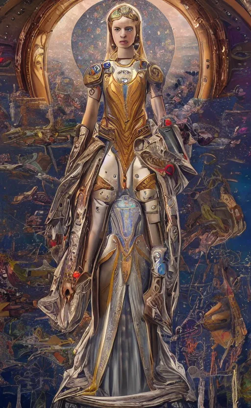 Prompt: mural of a young cyborg woman, beautiful royal gown, sci fi weapon, royal ornaments, reaching towards the heavens, sci fi world, holy imagery, highly detailed, beautiful colors, renaissance mural, mural in the style of sandro boticceli, sandro boticceli