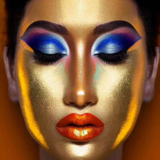 Image similar to Woman with colored face, standing in gold foil, her face in discs, she has a diamond eye, orange lips photorealism