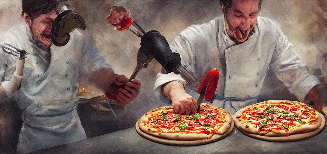 Prompt: a chef making pizza using pipettes and weird tools, happy chef, experimenting, jars, colorful, magic, 8k, james gurney, greg rutkowski, john howe, artstation