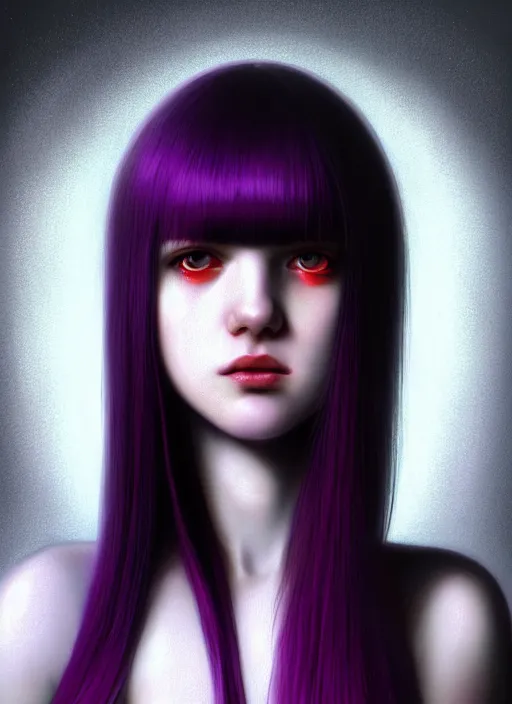 Image similar to hair whitebangs hair, black hair, whitebangs, portrait of teenage girl with white bangs, red irises, purple clothes, white bangs, bangs are different color from hair, intricate, elegant, glowing lights, highly detailed, digital painting, artstation, concept art, smooth, sharp focus, illustration, art by wlop, mars ravelo and greg rutkowski