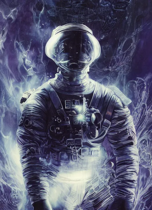 Image similar to astronaut in dark void underwater - complex and hyperdetailed technical suit design. reflection and dispersion materials. rays and dispersion of light. volumetric light. f / 3 2. noise film photo. flash photography. ultra realistic, 5 0 mm. poster by wayne barlowe, hajime sorayama aaron horkey, craig mullins