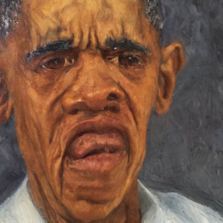 Image similar to warmly lit close up studio portrait of very old angry! Barack Obama age 115 angrily singing, impasto oil painting thick brushstrokes by Cy Twombly and Anselm Kiefer , trending on artstation dramatic lighting Expressionism