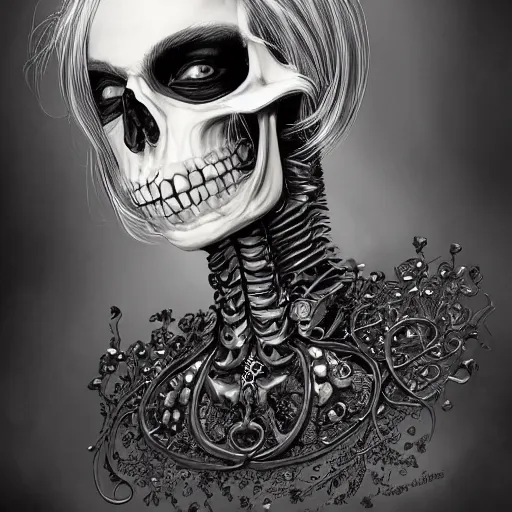 Image similar to a photograpic portrait of a anthropomorphic skeleton wearing black clothes, silver hair, fantasy, intricate, elegant, highly detailed, digital painting, artstation, concept art, smooth, sharp focus, illustration, art by artgerm and H R Giger and alphonse mucha