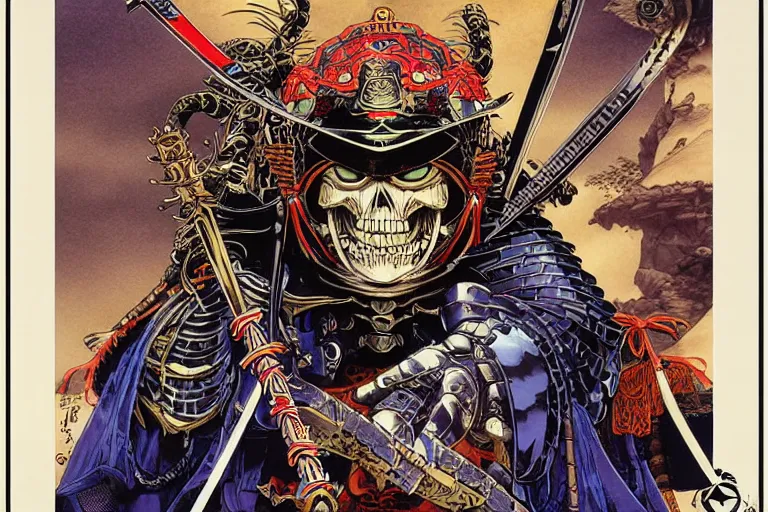 Image similar to poster of a skeletor samurai with japanese armor and helmet, by yoichi hatakenaka, masamune shirow, josan gonzales and dan mumford, ayami kojima, takato yamamoto, barclay shaw, karol bak, yukito kishiro