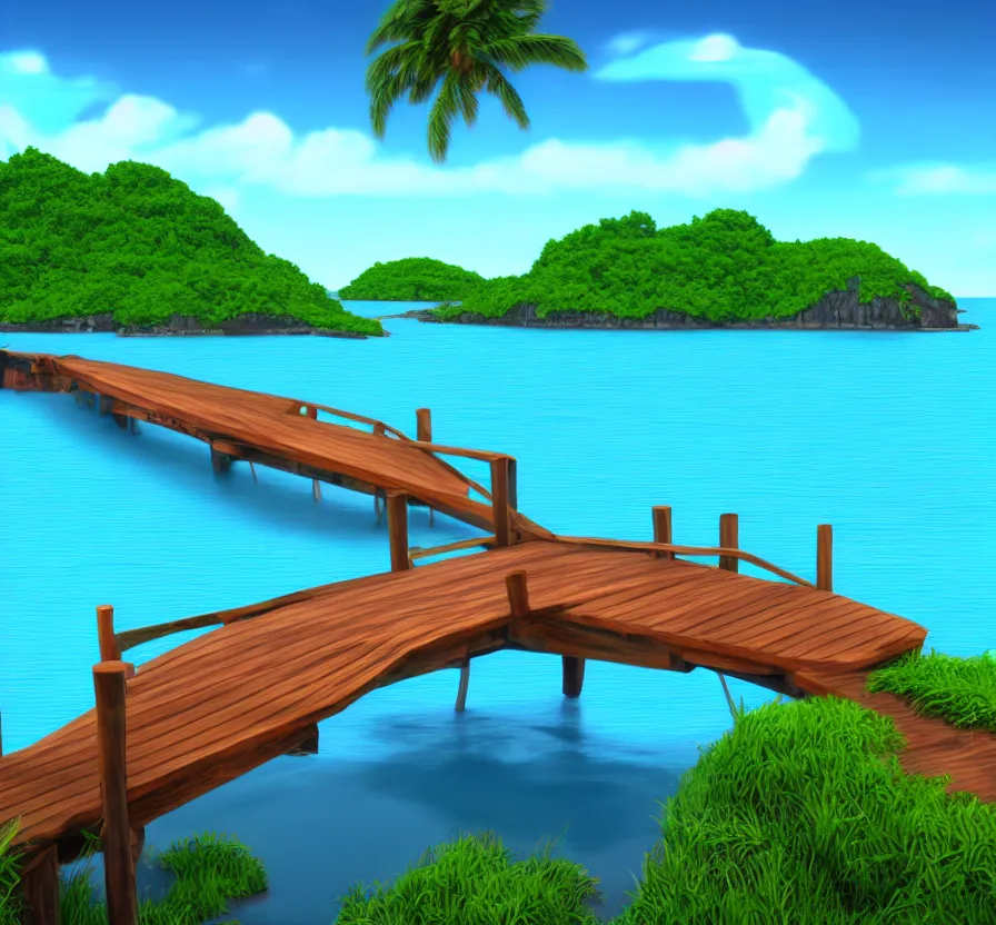 Image similar to island in sea with logan wooden bridge, unreal engine, digital, acrilic paint