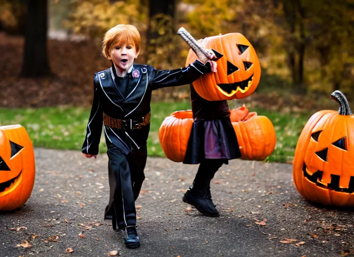 Prompt: dslr photo still of chuck norris trick or treating on halloween, 4 k, 1 2 0 mm f 1 6