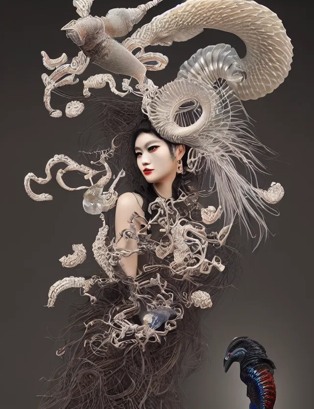 Image similar to 3 d goddess half - turn portrait with ram skull. beautiful intricately detailed japanese crow kitsune mask and clasical japanese kimono. betta fish, jellyfish phoenix, bio luminescent, plasma, ice, water, wind, creature, artwork by tooth wu and wlop and beeple and greg rutkowski