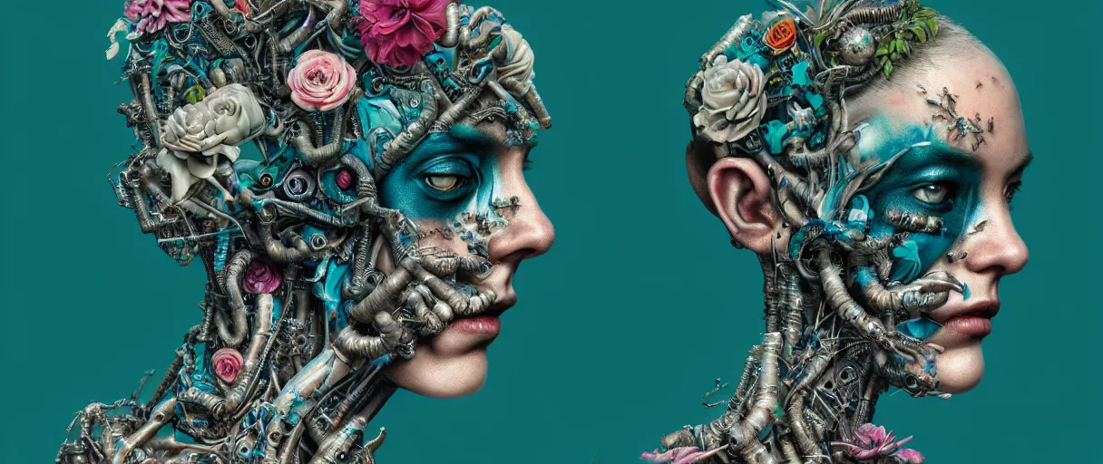 Prompt: hyperrealistic hyper detailed neo-surreal 35mm portrait of cyborg covered in rococo flower tattoos matte painting concept art hannah yata very dramatic dark teal lighting low angle hd 8k sharp shallow depth of field