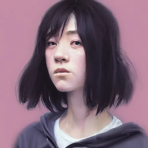 Image similar to Portrait of a woman by Greg Rutkowski, she is about 18 years old, mixture between japanese and british, messy bob black hair, young, pale, tired but friendly look, she's wearing a a pink oversized hoodie and a black adidas tracksuit, highly detailed portrait, scifi, digital painting, artstation, concept art, smooth, sharp foccus ilustration, Artstation HQ