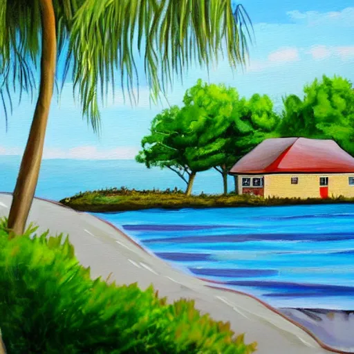 Prompt: a painting of a beautiful house on the beach the beach in the backyard in the lake in the backyard also