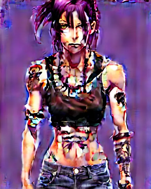 Image similar to a portrait of revy from black lagoon, black tank top, jean shorts, brown eyes, purple hair, tribal tattoos right arm sleeve, symmetrical eyes, symmetrical face, art by lois van baarle and loish and ross tran and rossdraws and sam yang and artgerm