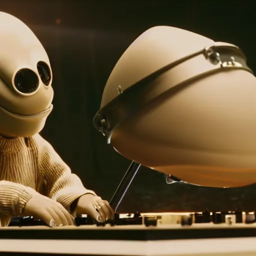 Image similar to cinematic film still of Pharrell Williams Making A Beat with an anthropomorphic alien, Japanese VFX, 2018, 400mm lens, f1.8, shallow depth of field,film photography