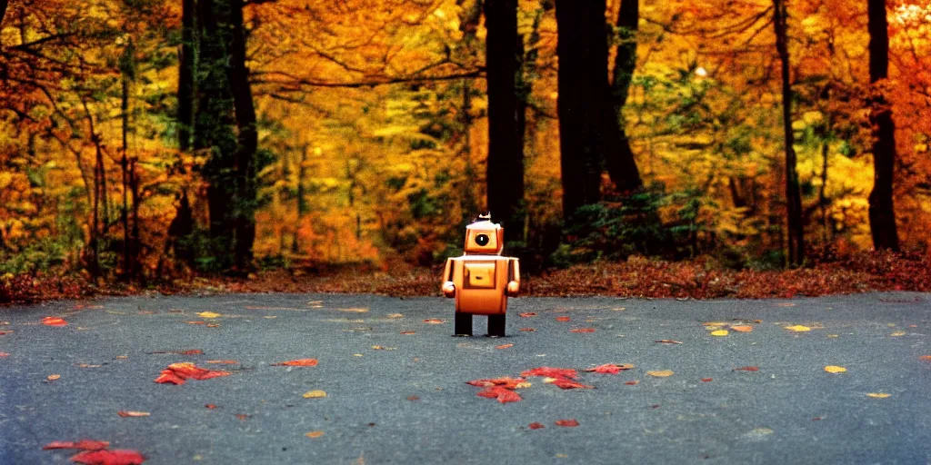 Image similar to small robot on forest road, 1970s photo, kodachrome, bokeh, autumn colors, backlit, long shot