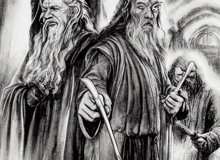 Image similar to gandalf and frodo in bag end, gandalf is holding an envelope above his head, bag end in the style of h. r. giger, image from a movie