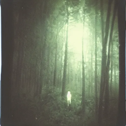 Image similar to alien abduction in a forest at night, old polaroid, expired film, blurry, lost footage, found footage,