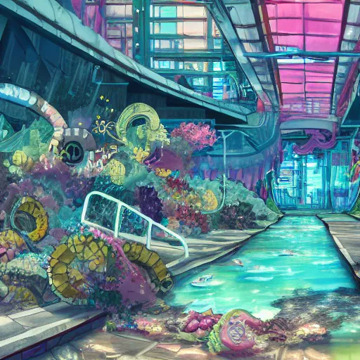 Image similar to painted anime background of an underwater mall in the slums built from various coral seashells and being reclaimed by nature, seaweed, light diffraction, litter, steampunk, cyberpunk, caustics, anime, vhs distortion, inspired by splatoon by nintendo, art created by miyazaki