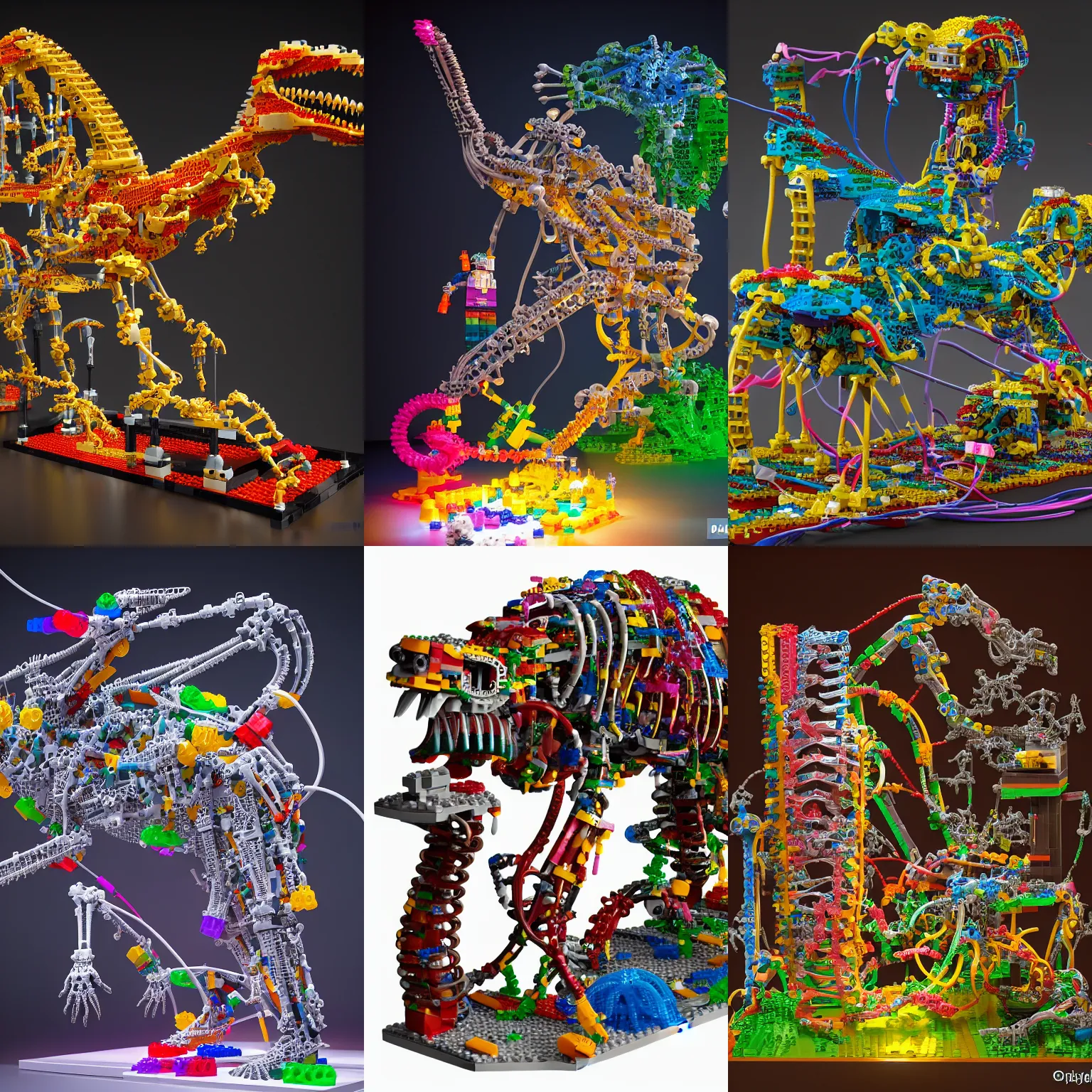 Prompt: electron microscopy Simple translucent mechanic bionic lego dinosaur skeleton dissection sculpture made from rollercoaster, with colorfull jellybeans organs, cables, wires and tubes, by david lachapelle, by angus mckie, by rhads, in a dark empty black studio hollow, c4d, at night, rimlight, rimight, rimlight