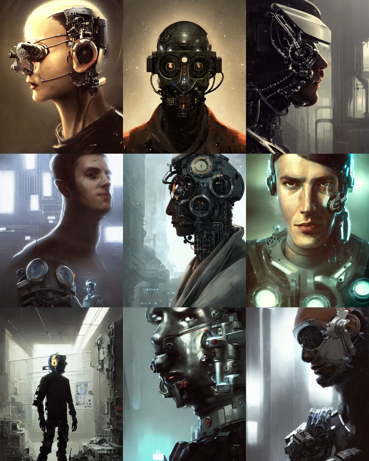 Prompt: a half - masked peculiar young laboratory engineer man with cybernetic enhancements as seen from a distance, scifi character portrait by greg rutkowski, esuthio, craig mullins, 1 / 4 headshot, cinematic lighting, dystopian scifi gear, gloomy, profile picture, mechanical, half robot, implants, steampunk