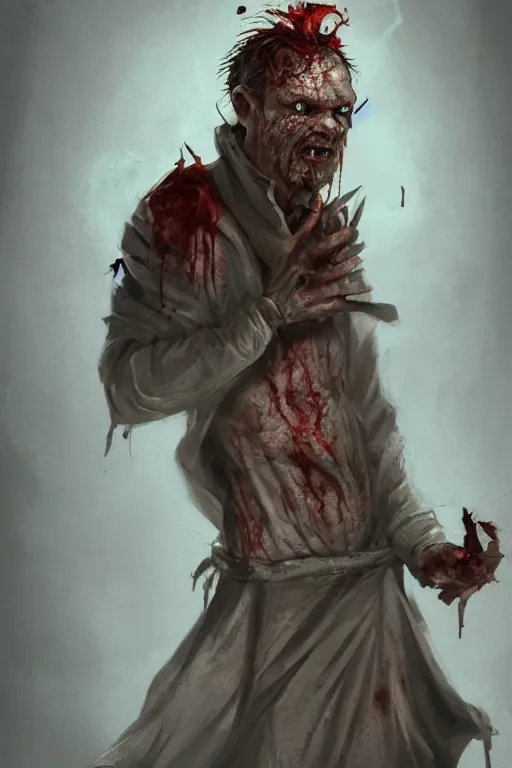 Image similar to A deranged tiny filthy man wearing long dark damaged ripped robes showing a magic paper scroll, camera looking down upon, long fingernails, unclipped fingernails, sharp fingernails, focus on face, sharp focus, digital painting, trending on artstation, concept art, fantasy, medieval
