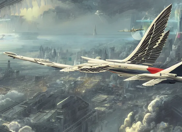Prompt: concept art of an angelic modern jet plane with ornate birdlike wings with art deco patterns flying over an elven city, cyberpunk, high fantasy