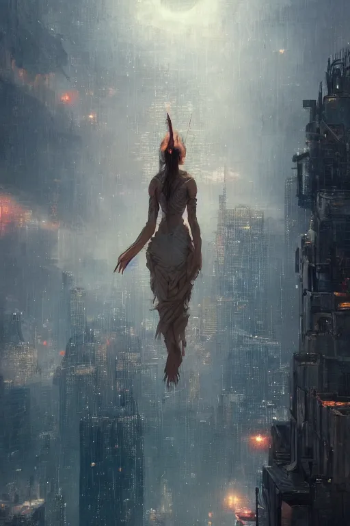 Prompt: intelligence artificial goddess floating above a city, sharp focus, by rozalski, by greg rutkowski, cinematic shot, megalophobia, award winning, trending on artstation, intricate, detailed