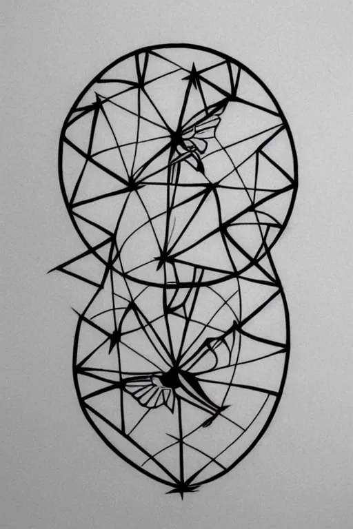 Image similar to a beautiful tattoo design of minimalist flying swallows made with lines and simple shapes, flying into geometric spirals, black ink, abstract logo, line art