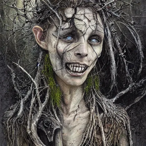 Prompt: realistic portrait undead creature made of rotting driftwood and moss. heald together by spiderwebs and fungi, dungeons and dragons, by Elodie Mondoloni, detailed intricate ink illustration, dark atmosphere, detailed illustration, hd, 4k, digital art, overdetailed art, concept art, by greg rutkowski, by loish, complementing colors, Trending on artstation, deviantart