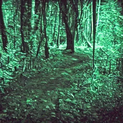 Image similar to grainy trail cam photo still of an alien in the woods at night hiding in the trees of a forest