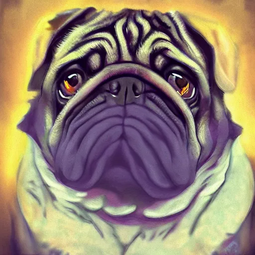 Image similar to vicious roaring pug by Milka Oxana, painterly, digital art. Trending on artstation, post processing, pen and ink work. sharp focus.