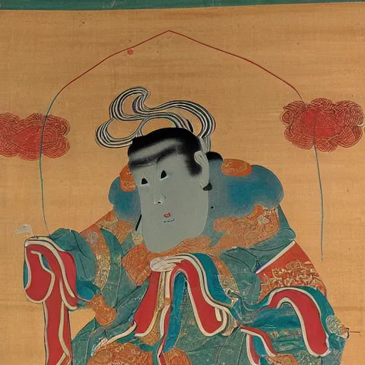 Image similar to found footage of a goryeo Buddhist painting representing a giant monster eating metal