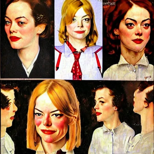 Image similar to Face portrait of Emma Stone\'s clones with various looks. Painting by Norman Rockwell.