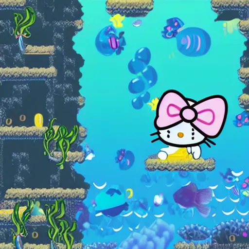 Image similar to 2d side scrolling game set in an underwater dystopia in the style of sanrios hello kitty franchise with fish and sea shells and radioactive waste littered about