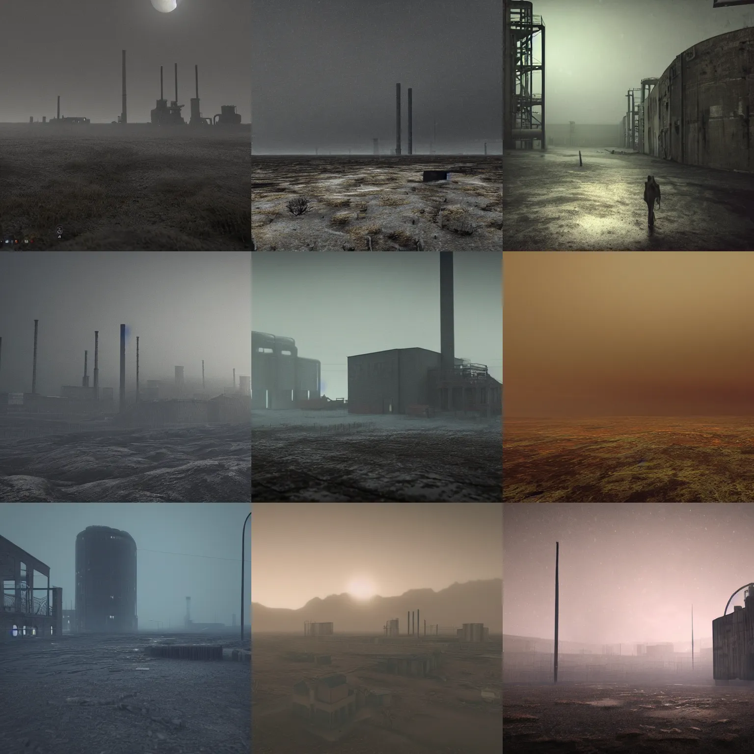 Prompt: elegant, wondrous, eclectic, AWESOME, beautiful 3d render of a moody, atmospheric, hazy, bleak, eerie, desolate landscape with a distant factory at night, Trending on artstation, rendered in octane, vfx, digital art, control the soul, rendering, postprocessing, rendered in UnrealEngine