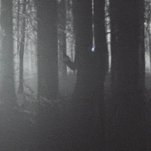 Image similar to a smudged, scratched, grainy and blurry photograph showing the whole body of a slender man dynamically and frenetically moving in a dark room. his dance is wild and unpredictable. in the creepy woods, night time, flash lights.