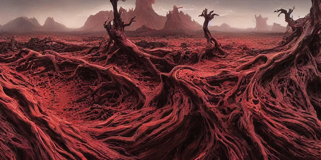 Prompt: supernova, alien surface planet covered with black tree roots, red desert mars, lava river, norilsk, painted by ruan jia, raymond swanland, lawrence alma tadema, zdzislaw beksinski, norman rockwell, jack kirby, tom lovell, alex malveda, greg staples, steve mccurry