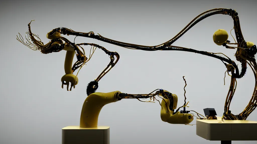 Image similar to a complex bifurcated robotic cnc surgical arm hybrid 3 d printer machine making organic ceramic kintsugi mandlebulb forms in the laboratory room, very thin gold wire, film still from the movie directed by denis villeneuve with art direction by salvador dali, wide lens, f 3 2, cinematic lighting, studio quality, smooth render, unreal engine 5 rendered, octane rendered