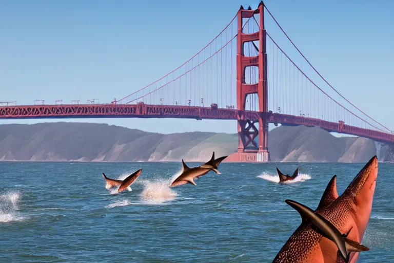 Image similar to golden gate bridge with sharks in water,