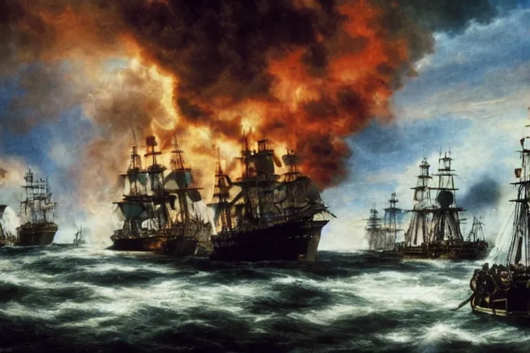 Prompt: movie still from the battle of trafalgar, 1 8 0 5, close up, action shot, 4 k, hdr, directed by james cameron, 7 6 % on rotten tomatoes